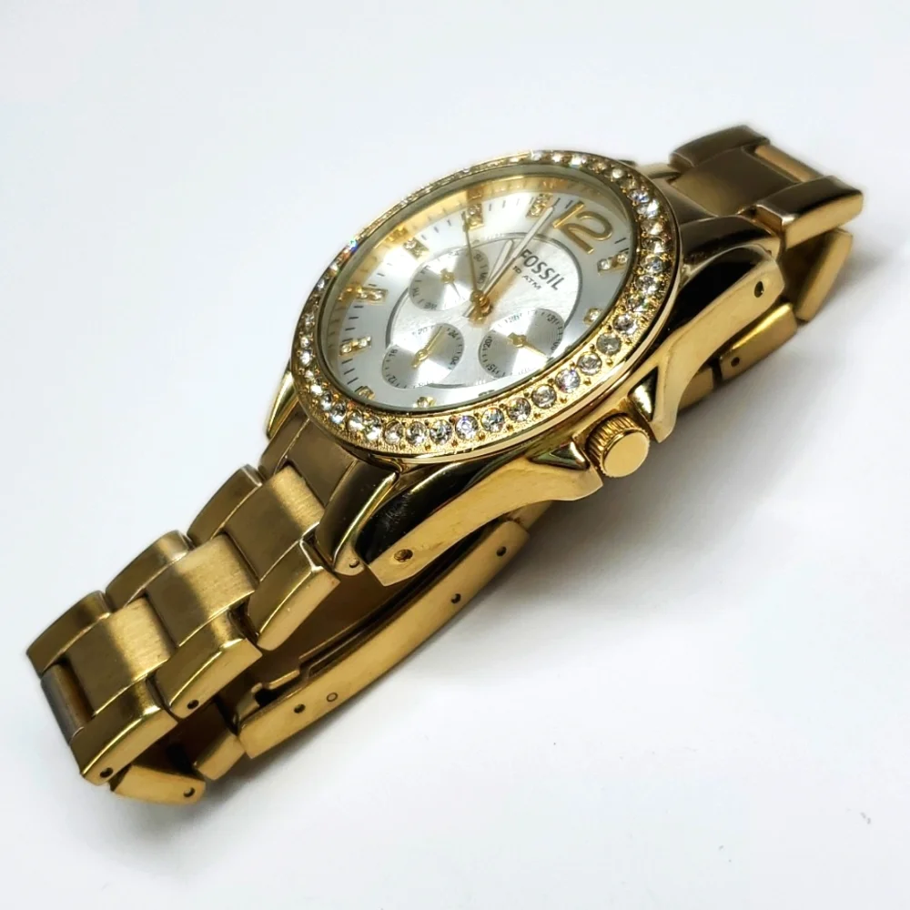 Fossil Watch ES2421 Gold Steel  Wristband Crystal Bezel White Face Multi